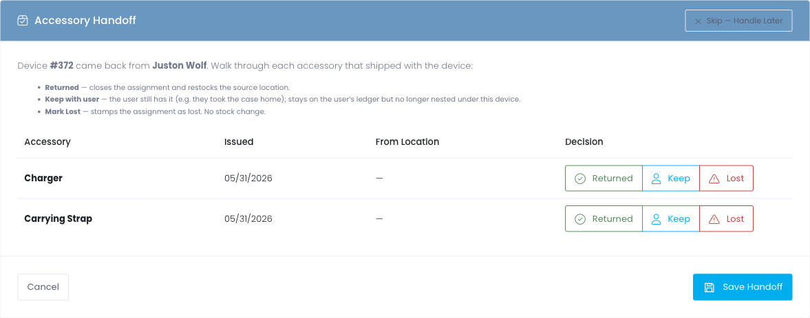 Accessory Handoff page with Returned / Keep / Lost decision buttons per row