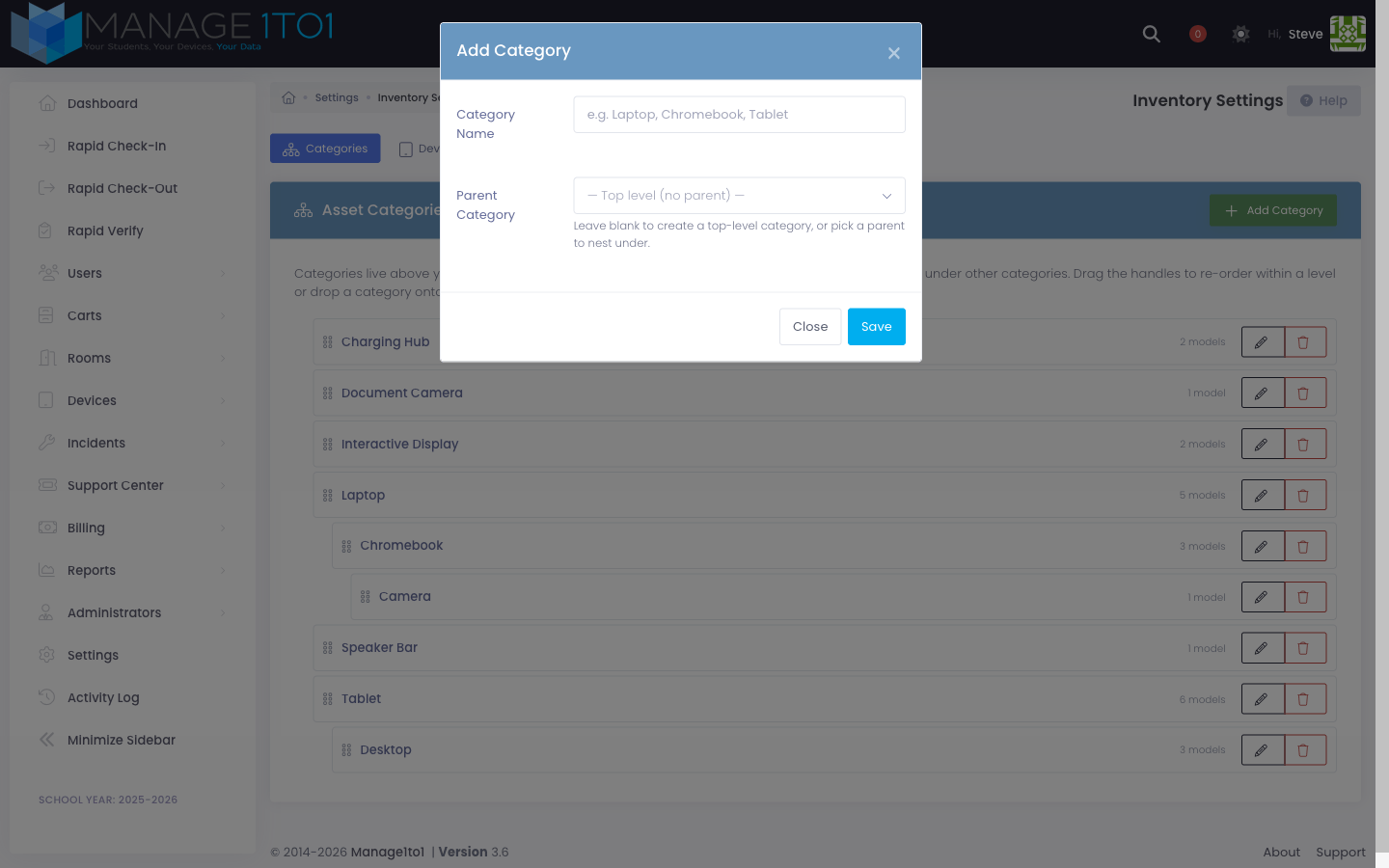 Add Category modal with a Parent Category dropdown