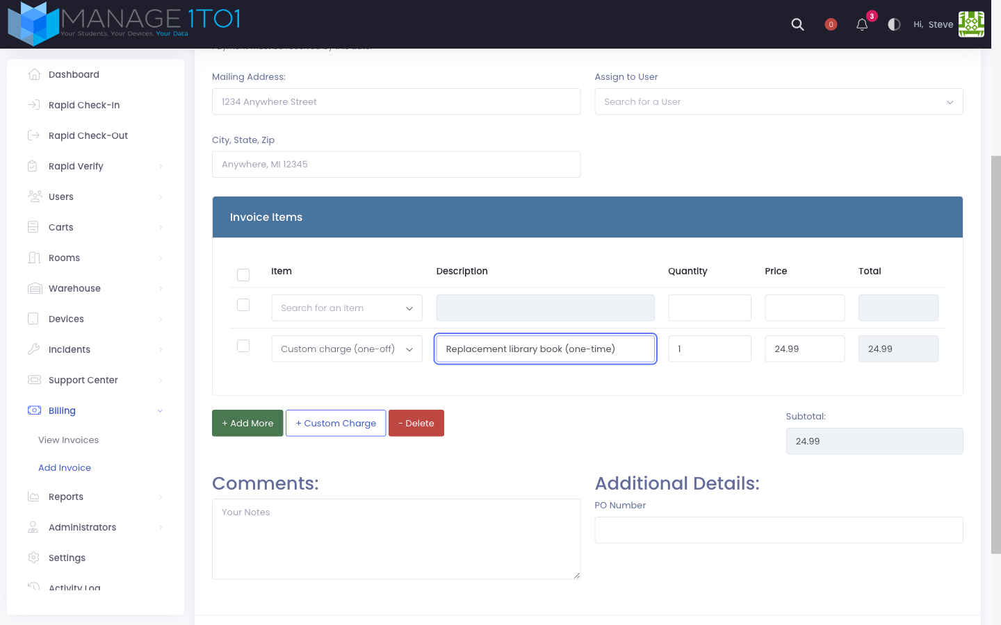 Adding a one-off custom charge to an invoice, with the Custom Charge button and an editable description field