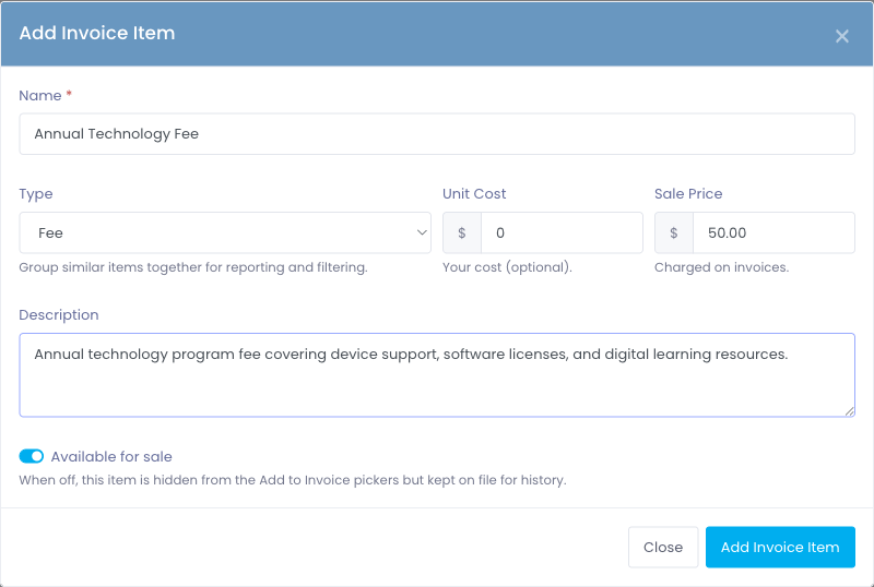 Add Invoice Item modal pre-filled with an Annual Technology Fee example