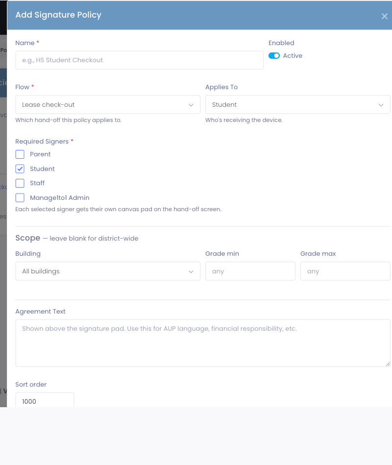 Add Signature Policy modal