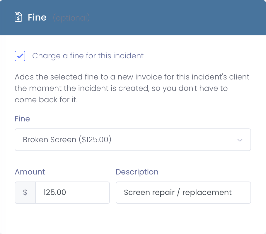 The Fine section on the Add Incident form, with a checkbox to charge a fine and a fine picker with amount and description