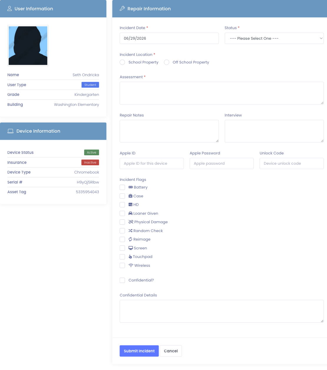 The Add Incident form: user and device summary cards on the left, repair information fields on the right