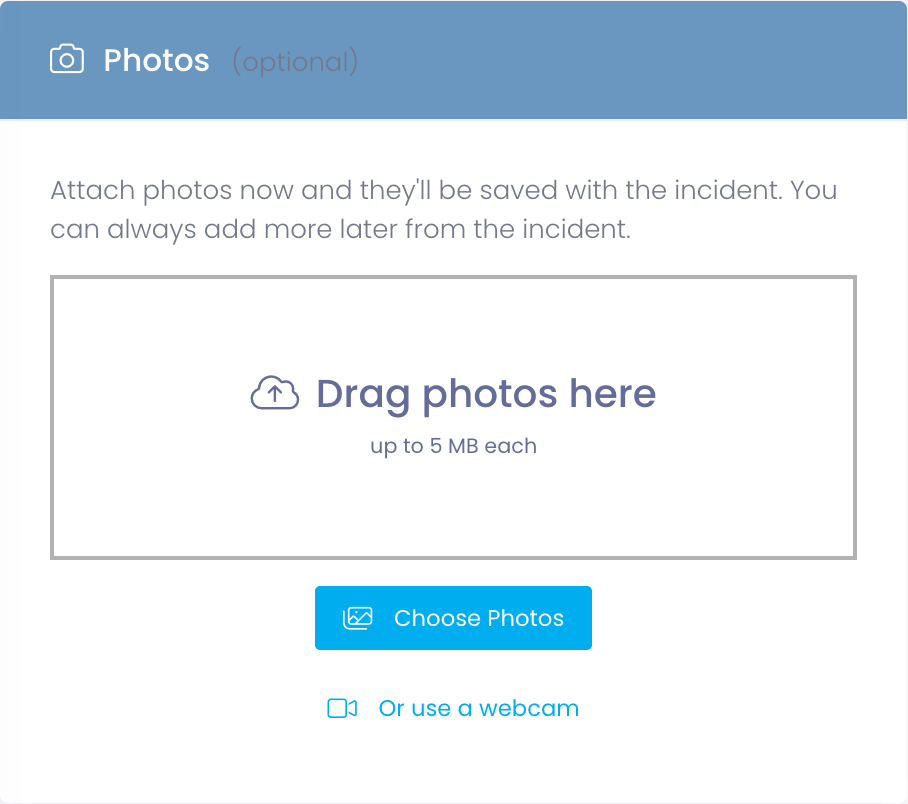 The Photos section on the Add Incident form, with a drop area for attaching photos during creation