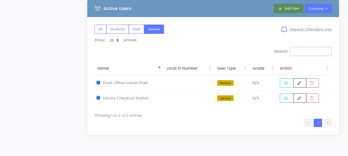 The View Users list filtered to Service accounts, showing a service account with the Service badge and no Local ID