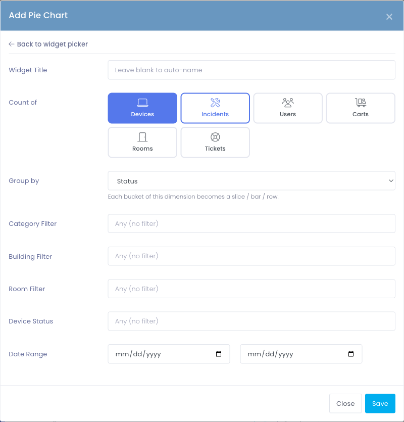 A configurable widget form showing the entity selector, group-by, and filter rows