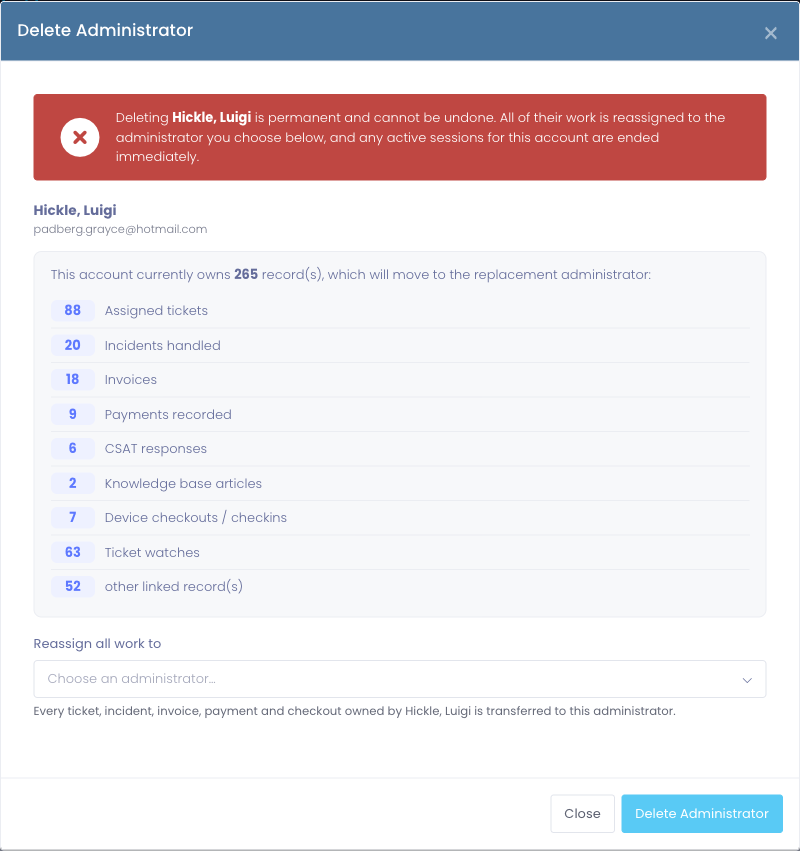 The Delete Administrator window: a summary of everything the account owns, and a picker to reassign that work before the account is removed