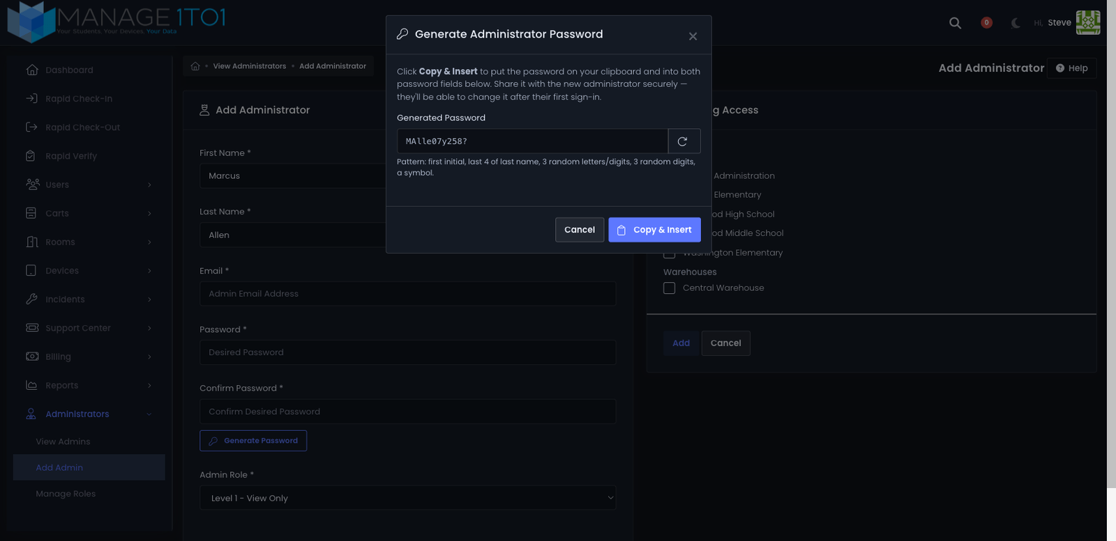 Generate Administrator Password modal