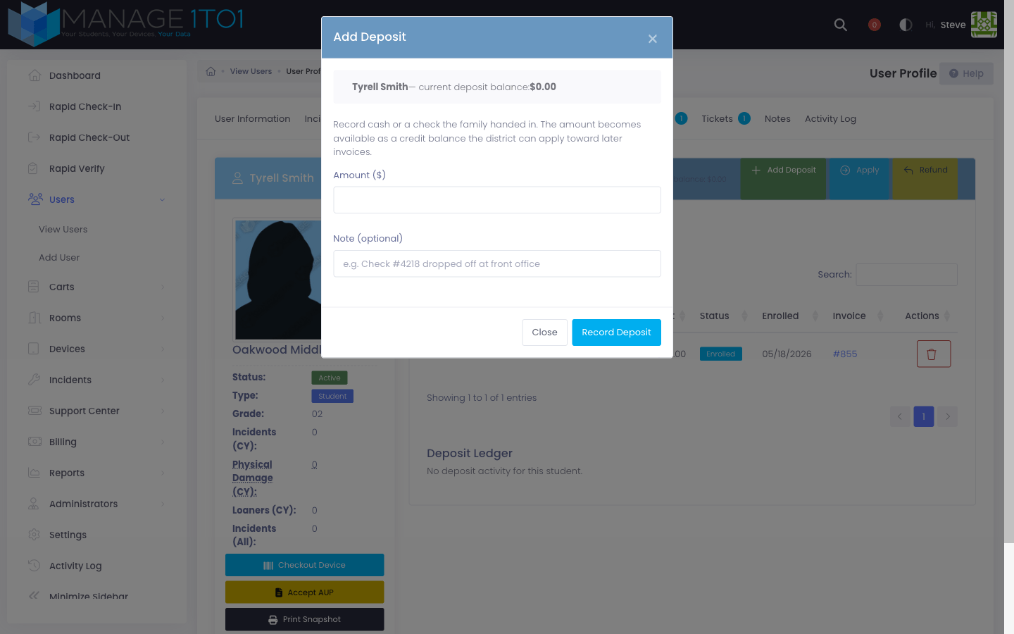 Add Deposit modal with amount and note fields