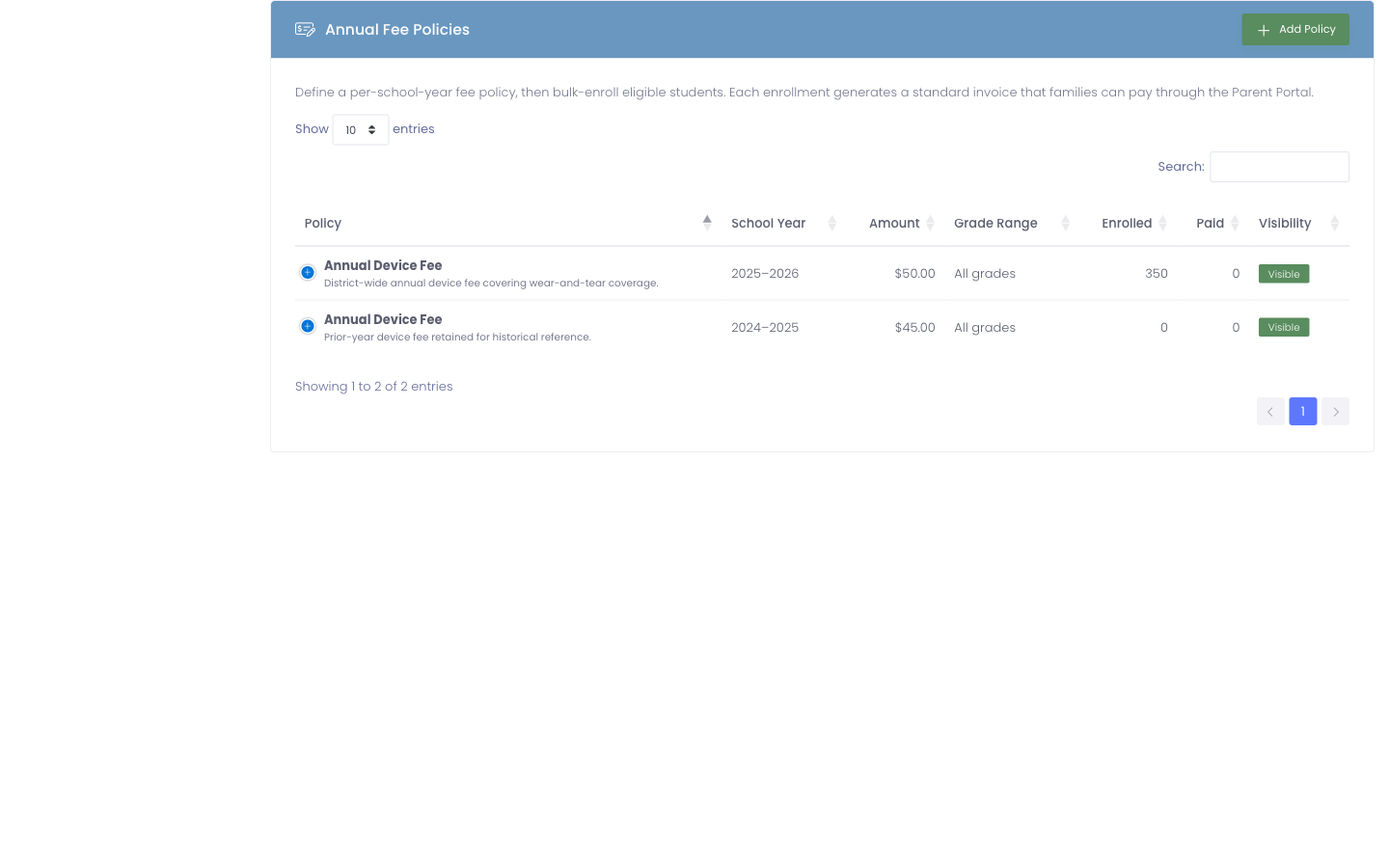 Annual Fees admin page with two policies listed