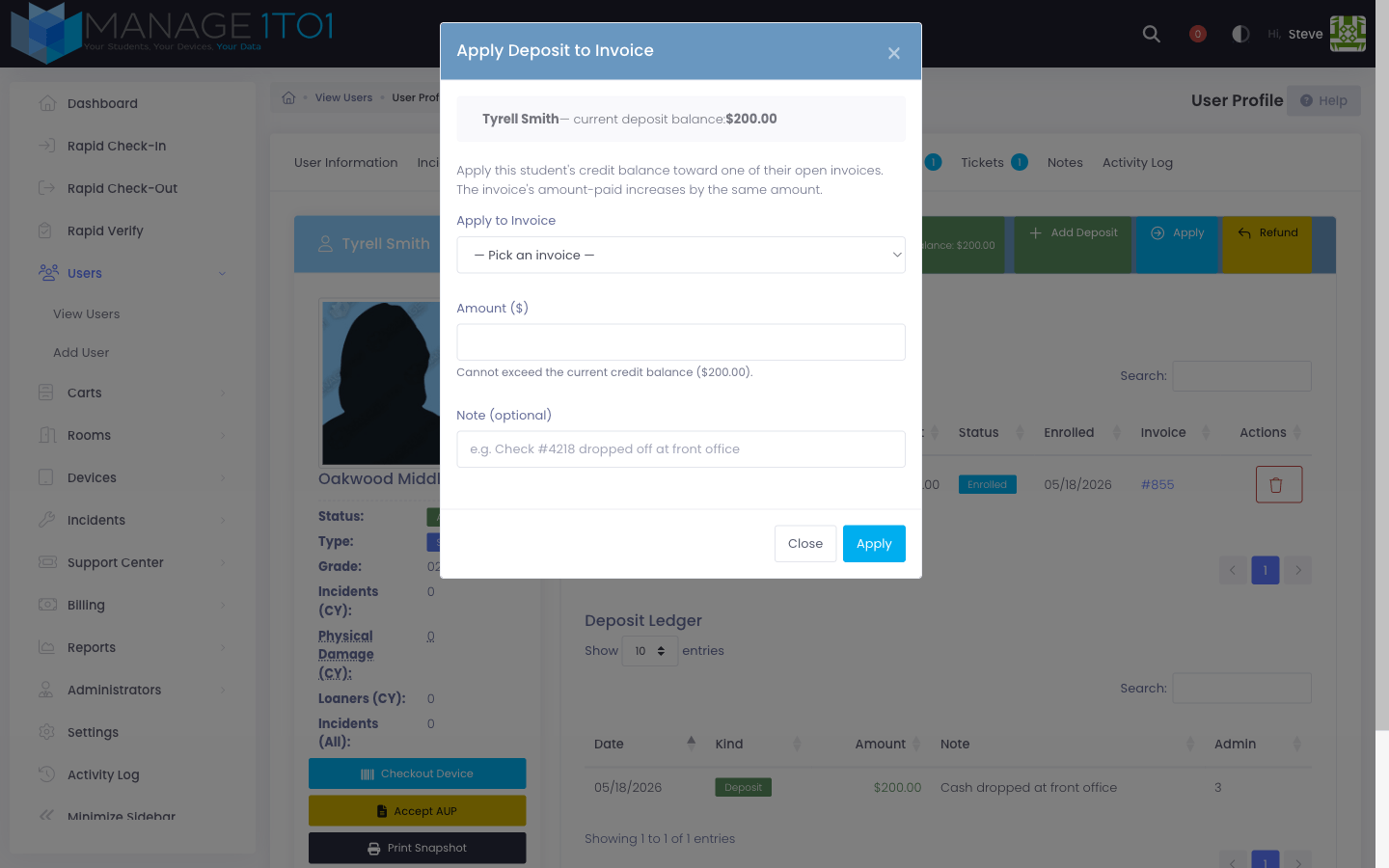 Apply Deposit modal with invoice picker showing the student's open invoices