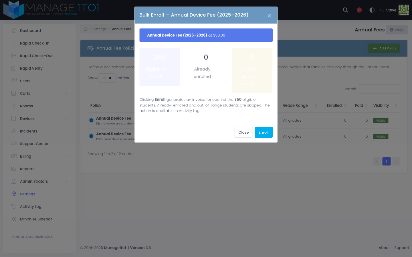 Bulk enroll preview showing eligible, already enrolled, and out-of-range counts