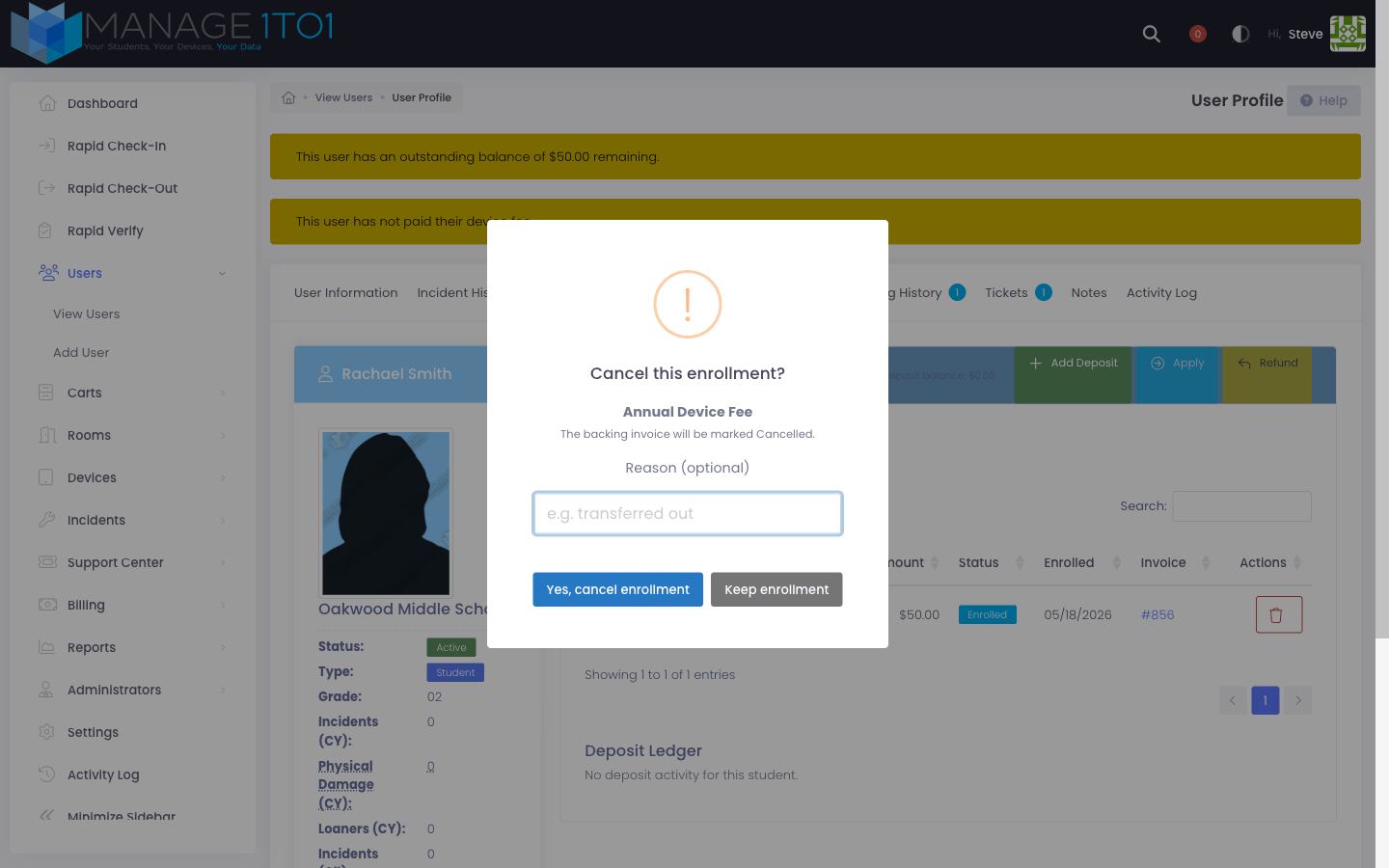 Cancel enrollment confirmation with optional reason field