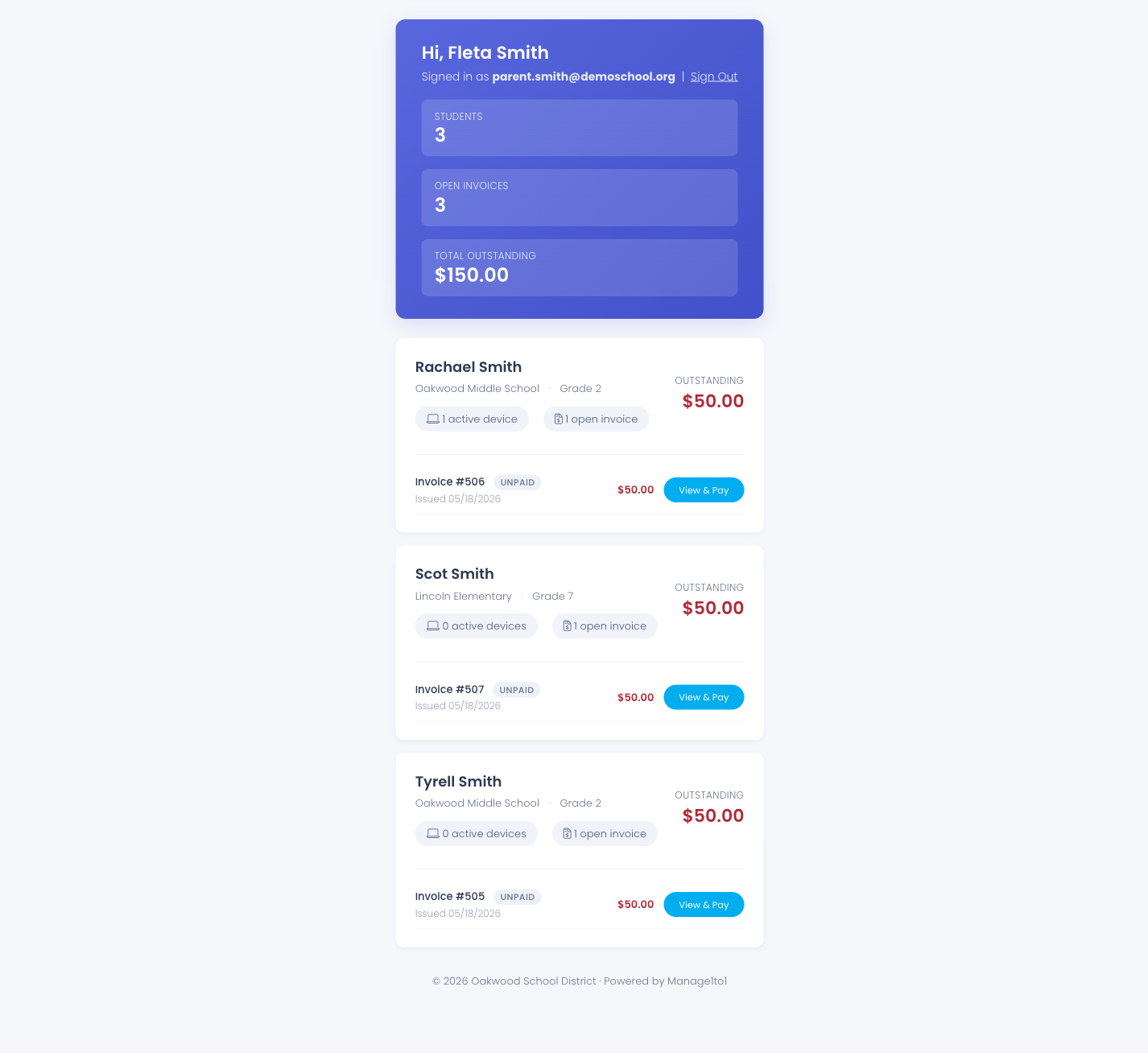 Parent Portal dashboard showing three open annual fee invoices
