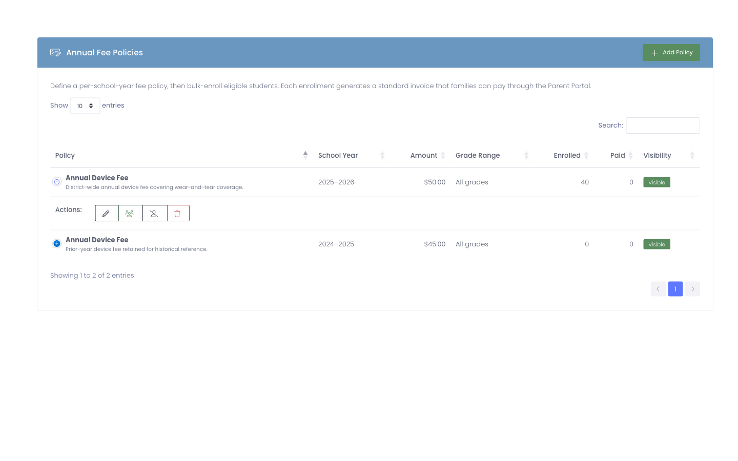 Policy list actions row including the new bulk-cancel button