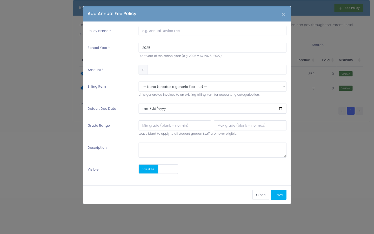 Add Annual Fee Policy modal with fields visible