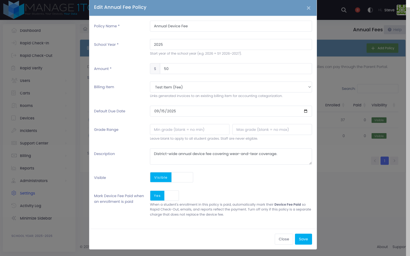 Mark Device Fee Paid toggle on the policy form