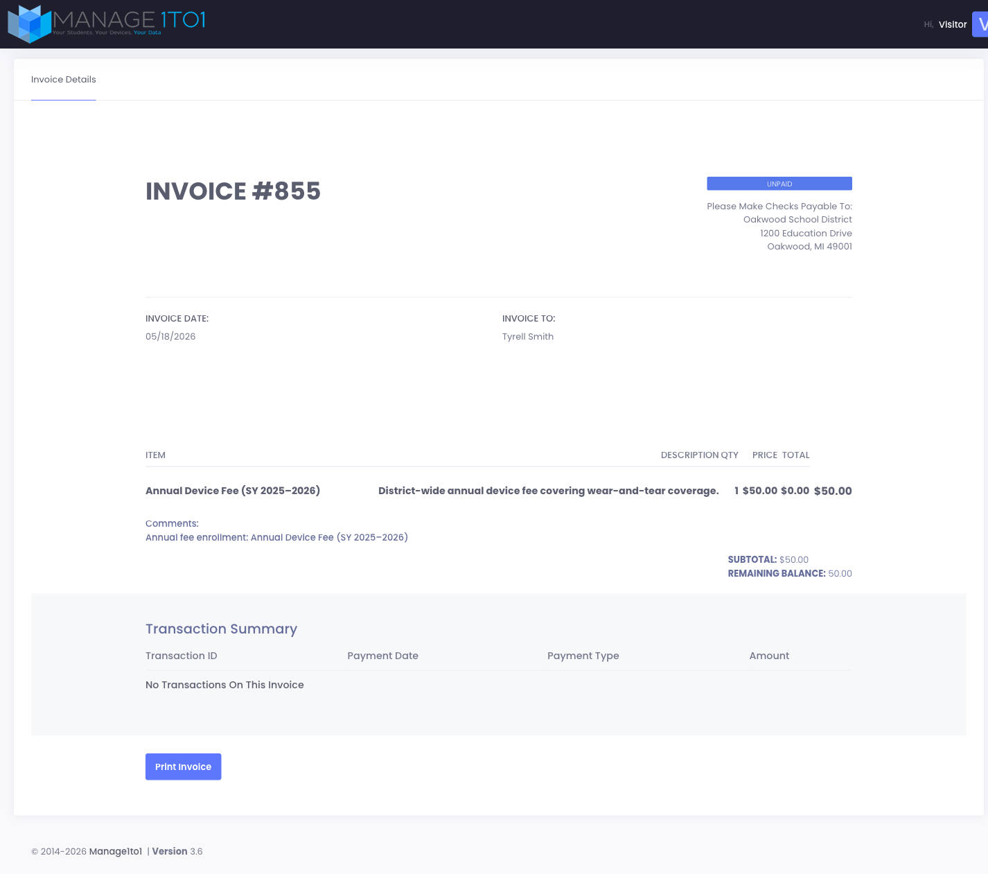Parent Portal invoice page for an annual fee charge