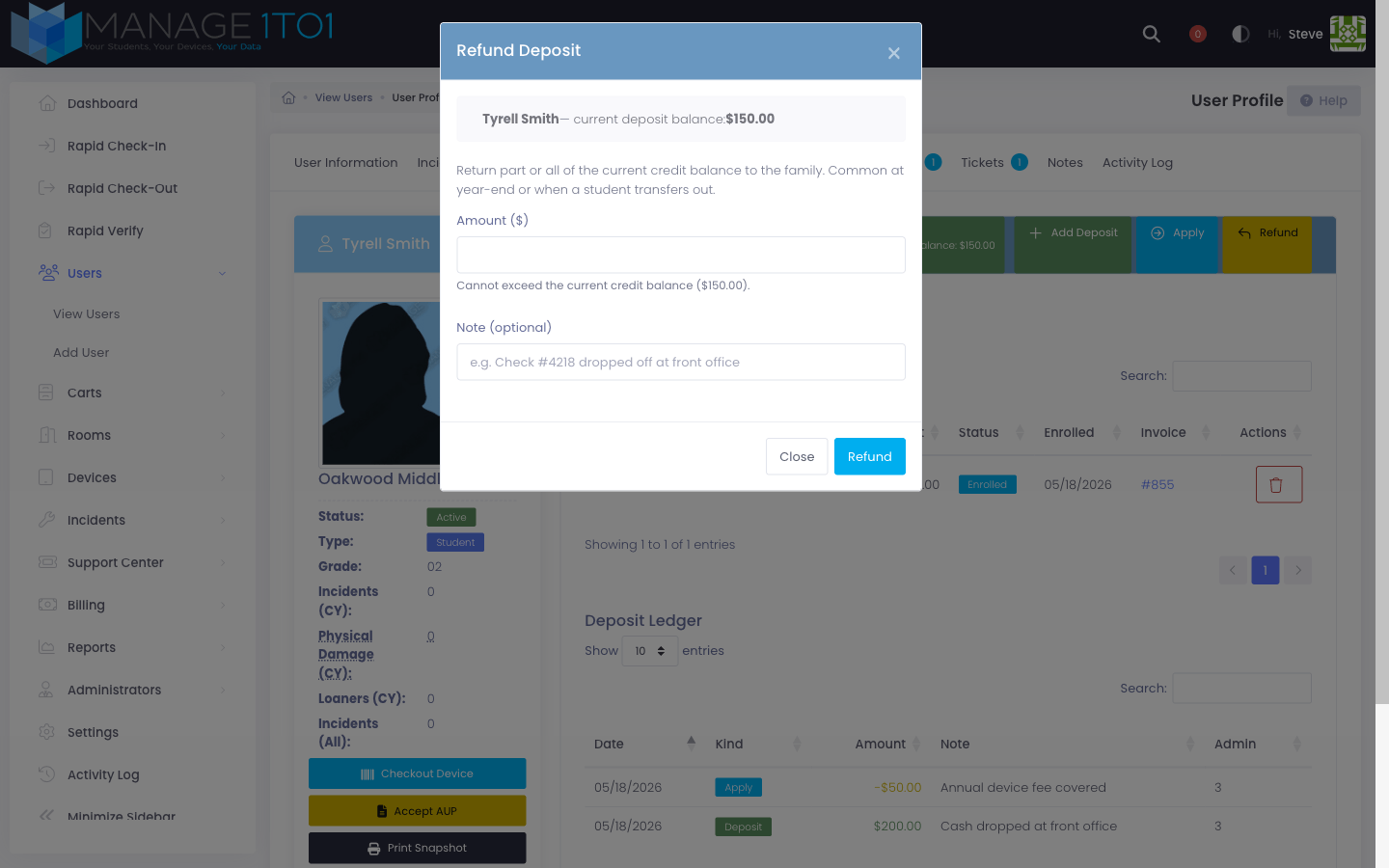 Refund Deposit modal capped at the current credit balance