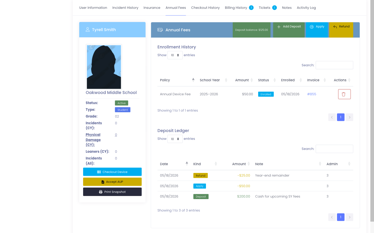 Annual Fees tab on user profile with deposit balance, enrollment history, and ledger