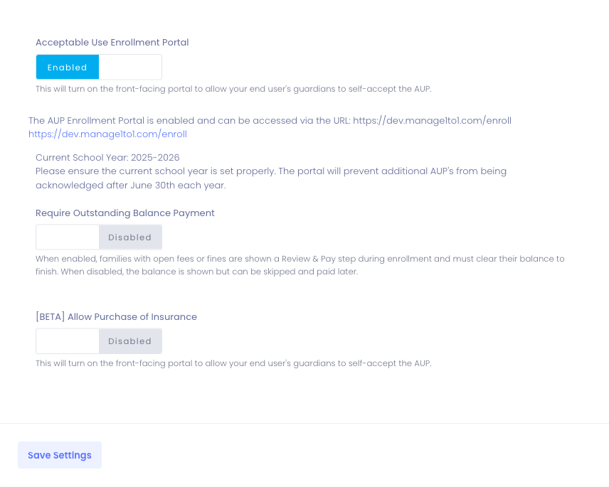 AUP Portal Settings showing the Require Outstanding Balance Payment toggle and its help text