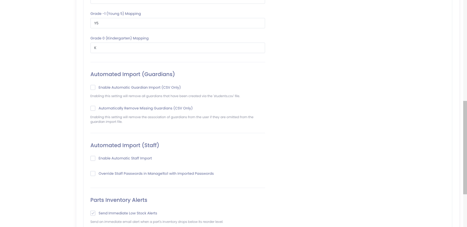 Automated import toggles on the System Automation settings page