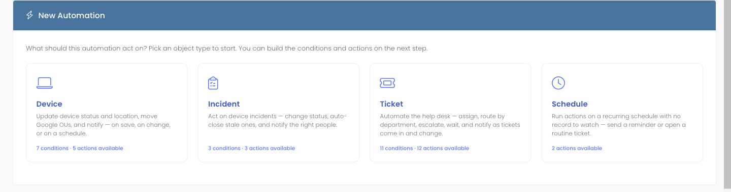 The New Automation picker, with cards for Device, Incident, Ticket, and Schedule