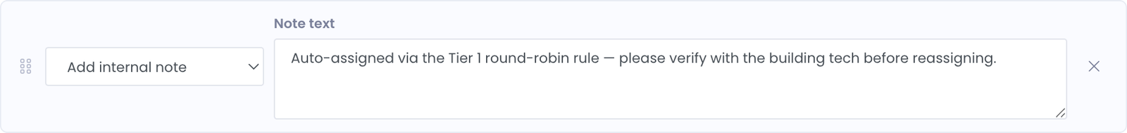 An Add internal note action row with a multi-line note text area