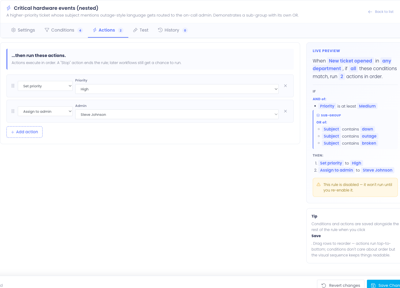 The Actions tab with three actions in order