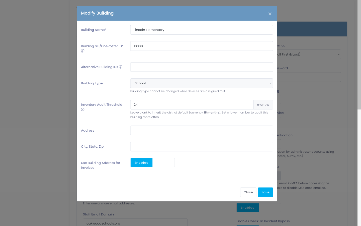 Inventory Audit Threshold field on the building edit modal