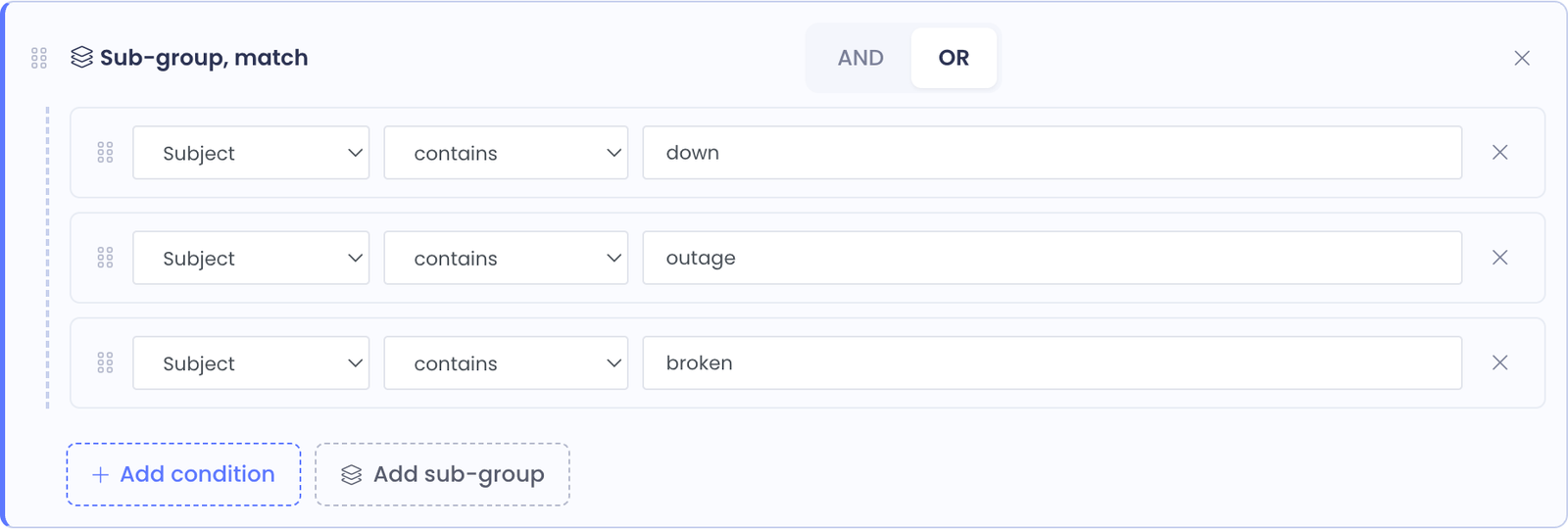 A sub-group with its own match selector containing two conditions