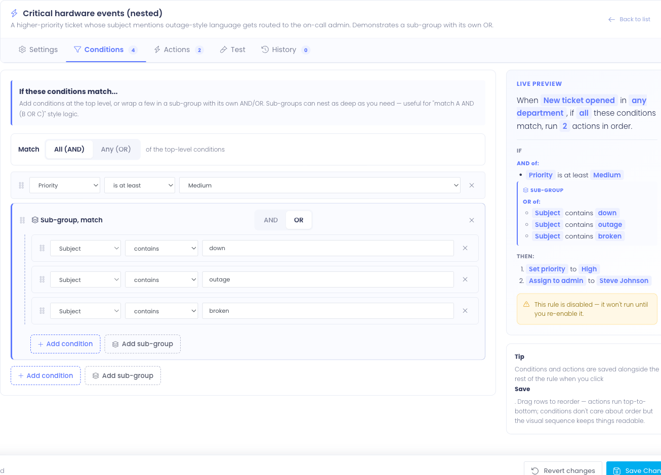 The Conditions tab with two top-level conditions and a sub-group