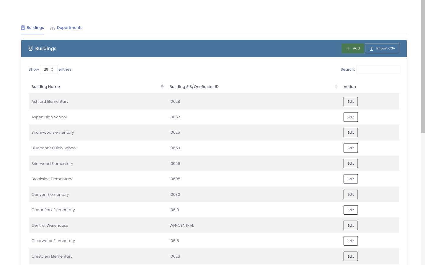 The Buildings page with the Add and Import CSV buttons