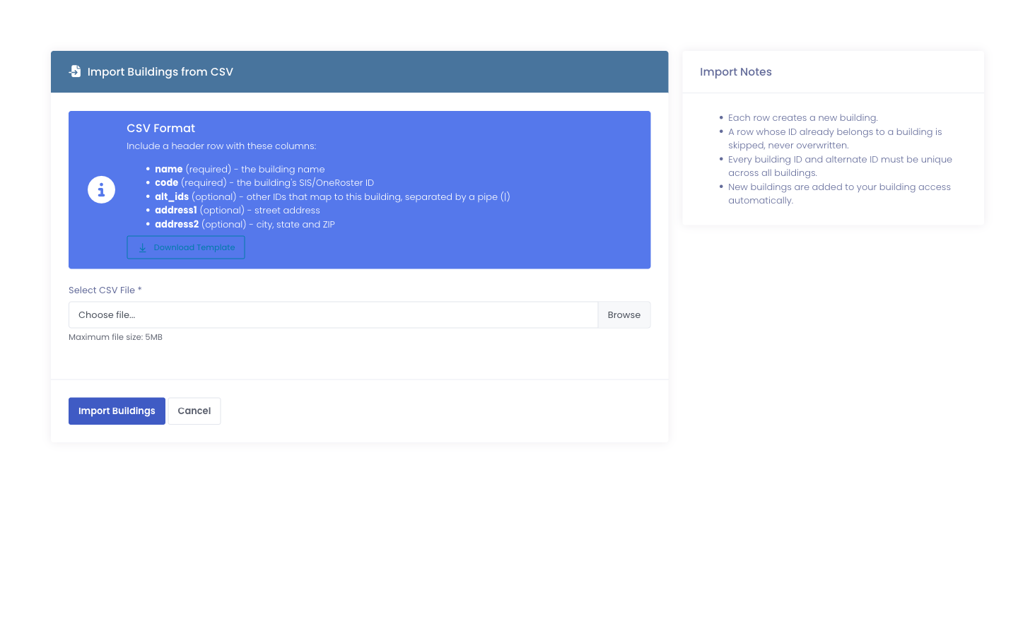 The Import Buildings page with the file picker and format guide