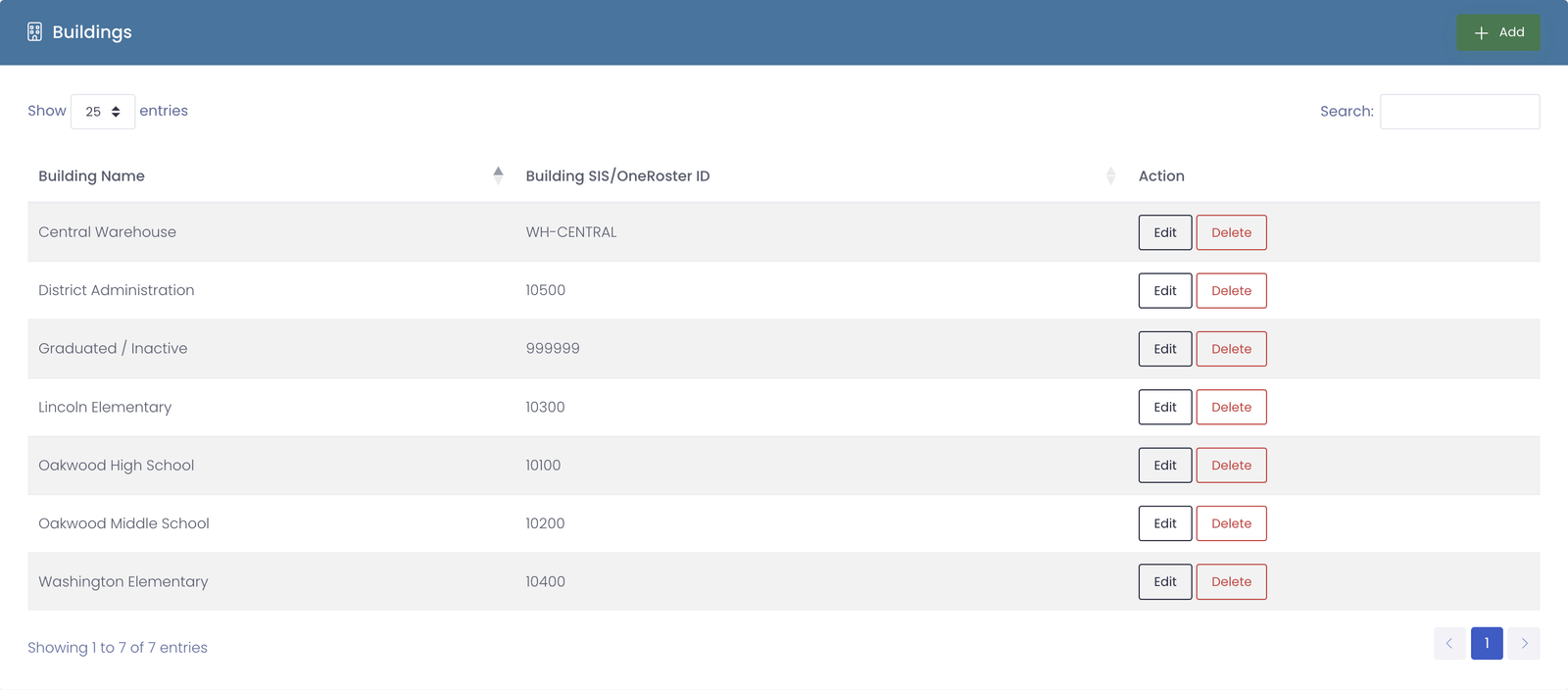 The Buildings settings page