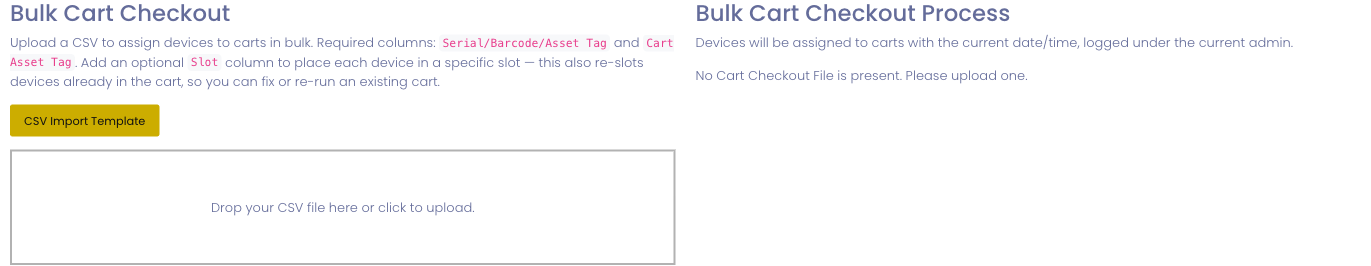 The Bulk Cart Checkout card in System Utilities, noting the optional Slot column in its instructions, with the CSV Import Template button and the file upload area