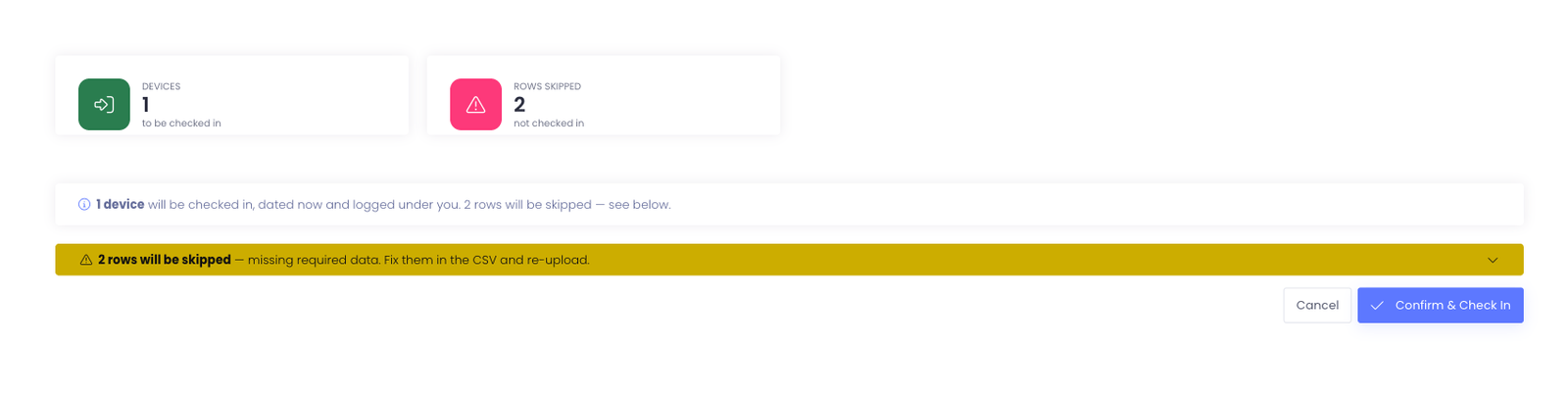 The bulk check-in preview showing device and skipped-row summary cards