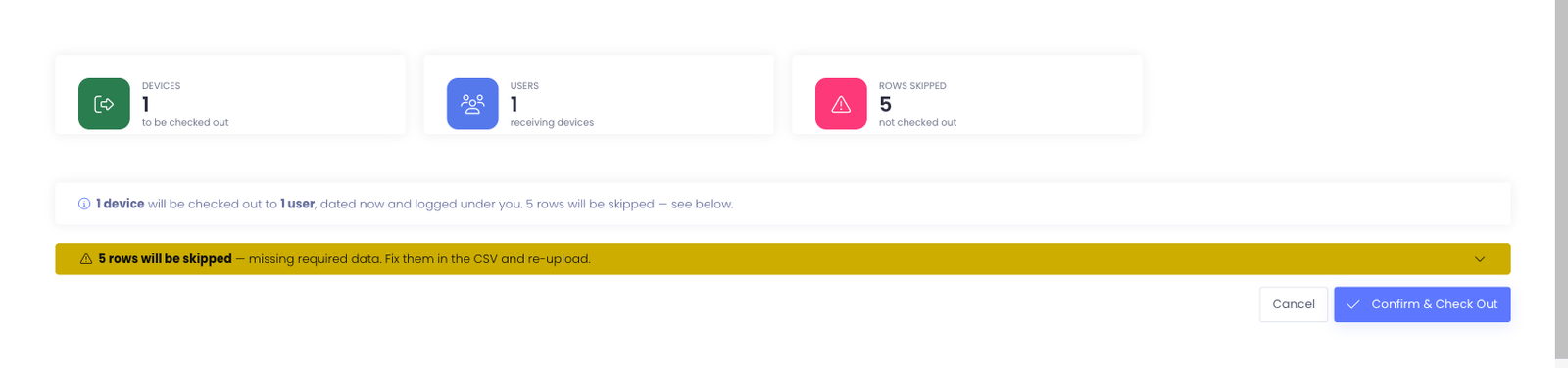 The bulk checkout preview showing device, user, and skipped-row summary cards