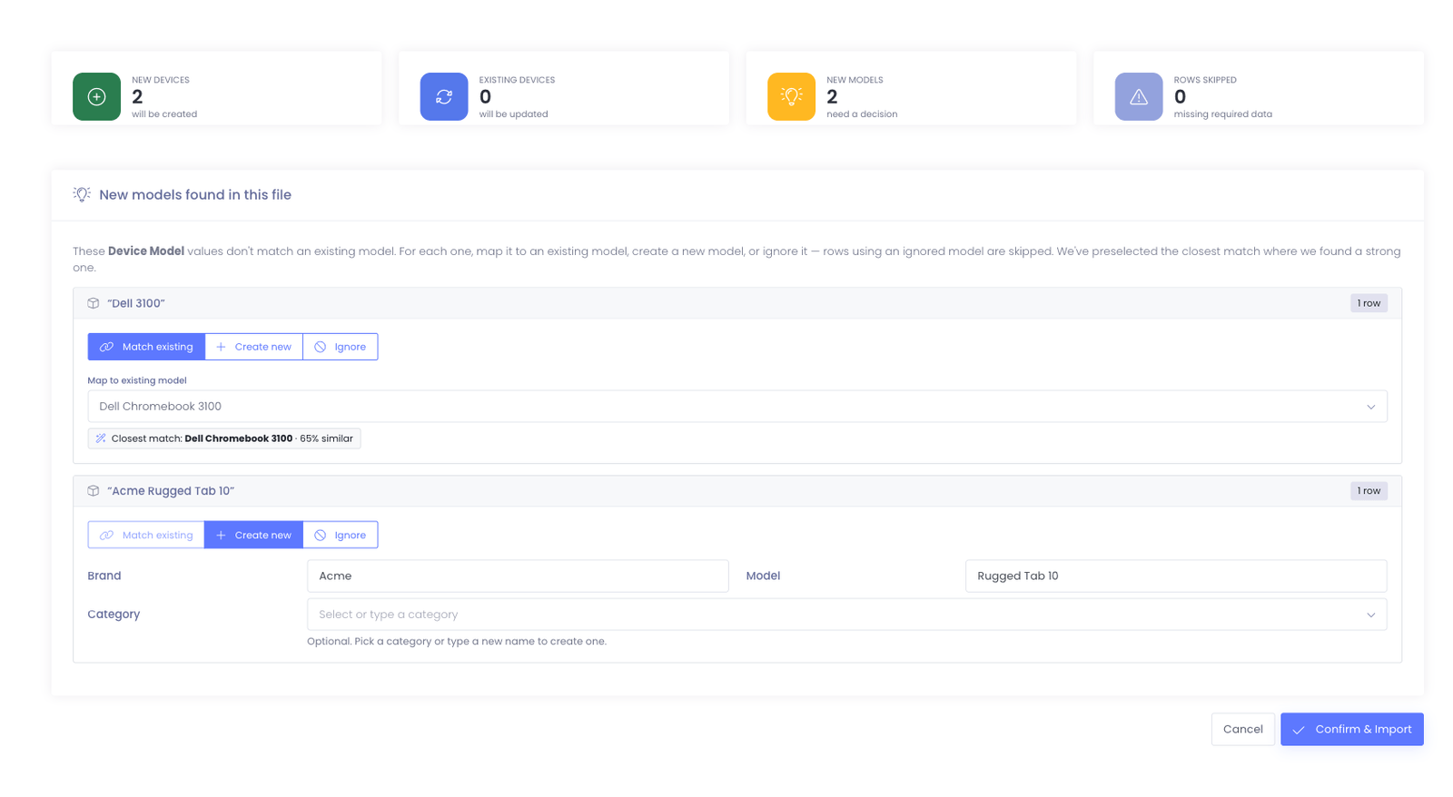 The device import preview showing summary cards and new-model decisions