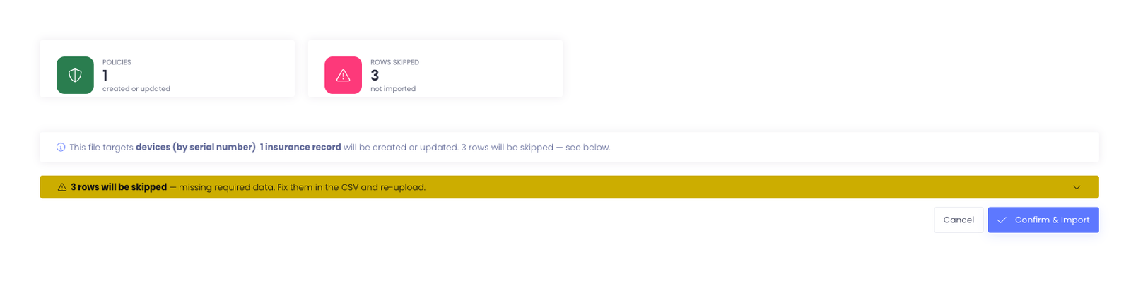 The bulk insurance import preview showing policy and skipped-row summary cards