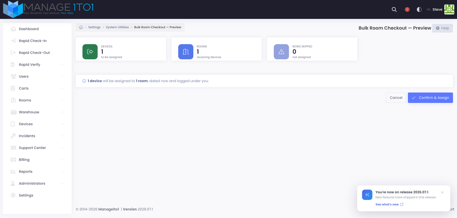The Bulk Room Checkout preview, summarizing how many devices will be assigned and to how many rooms before you confirm