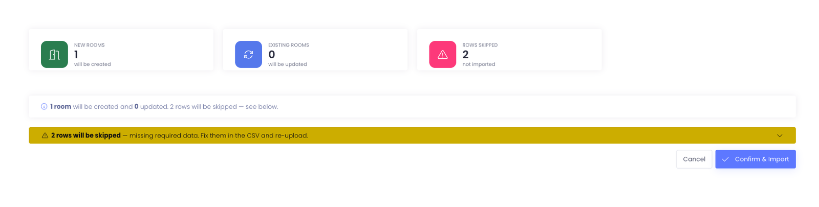The bulk room import preview showing new-room, existing-room, and skipped-row summary cards