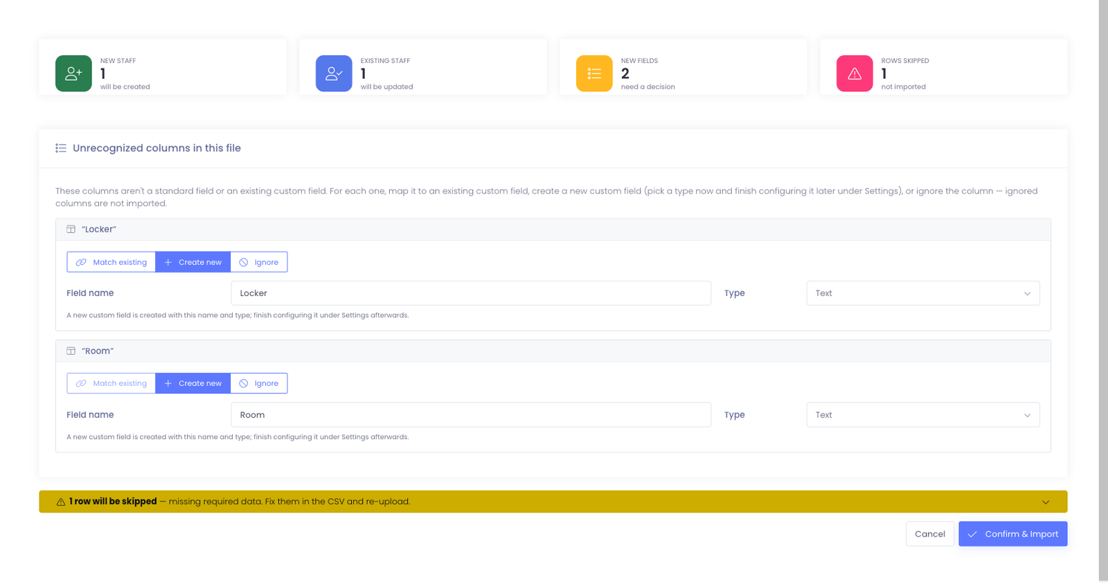 The staff import preview showing summary cards and unrecognized-column decisions