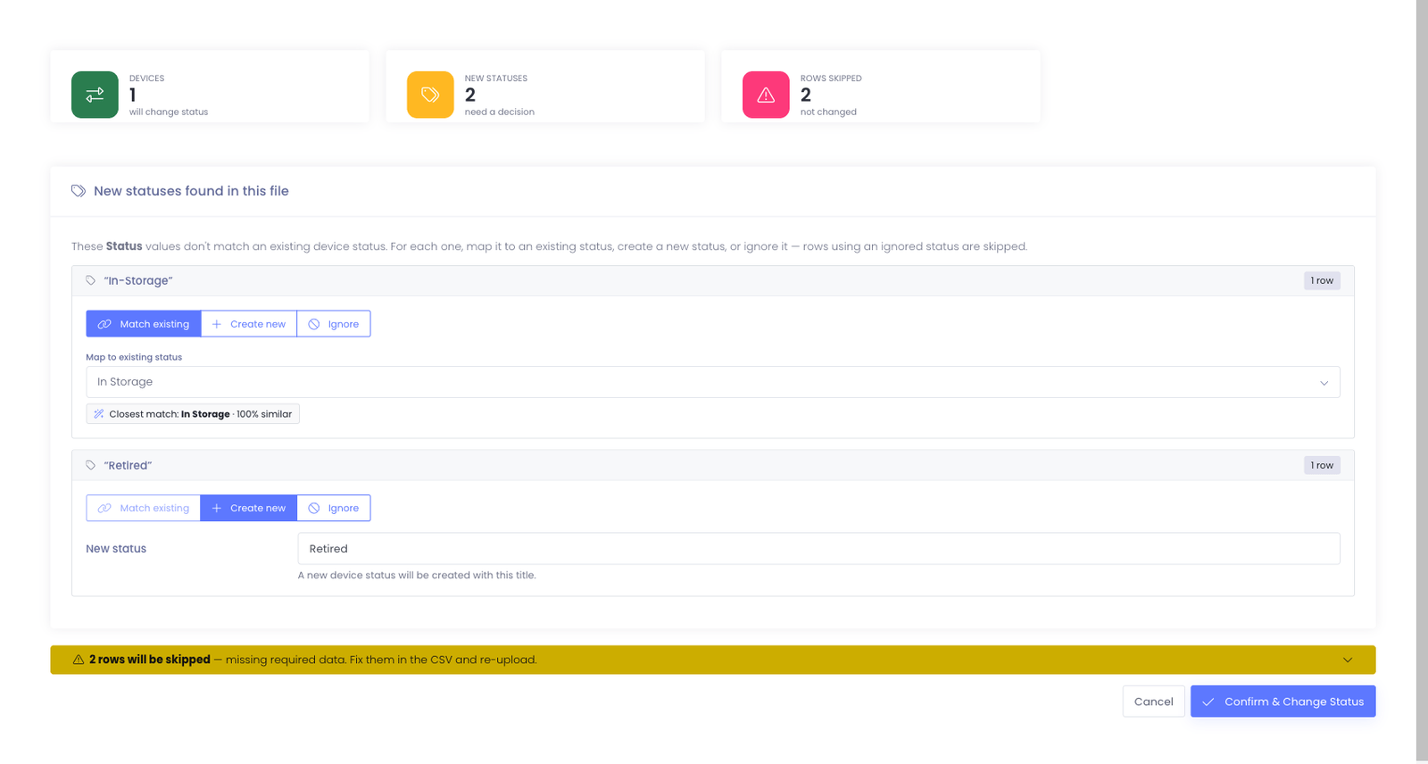 The bulk status change preview showing summary cards and new-status decisions
