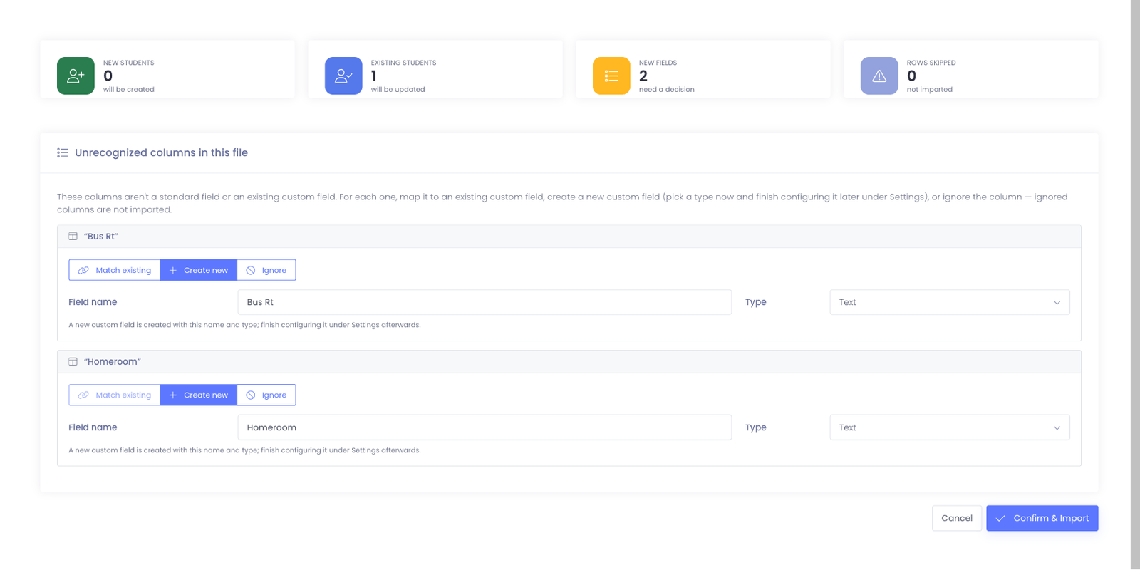 The student import preview showing summary cards and unrecognized-column decisions