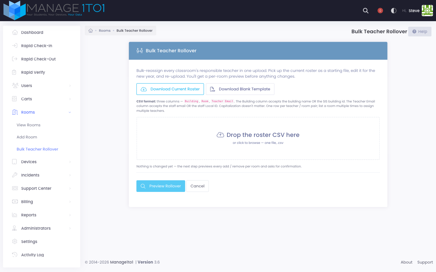 The Bulk Teacher Rollover upload page with a Choose File field and a Preview Rollover button