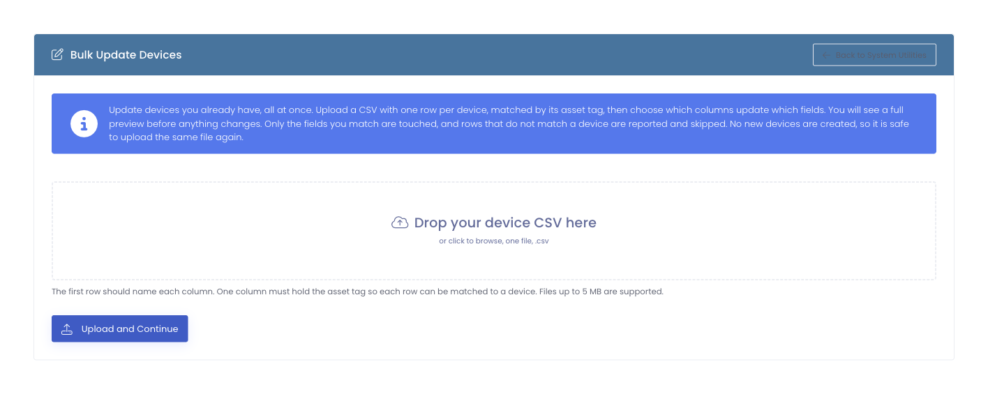 The Bulk Update Devices page, where you drop your CSV
