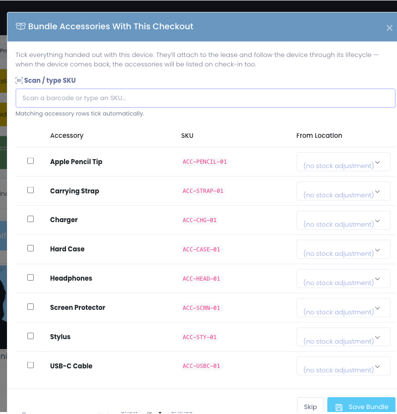 Bundle Accessories modal listing the catalog with checkboxes and a SKU scan input