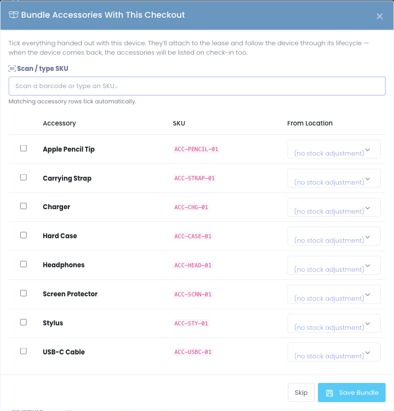 Bundle Accessories modal with the catalog listed and a scan / type SKU input at the top