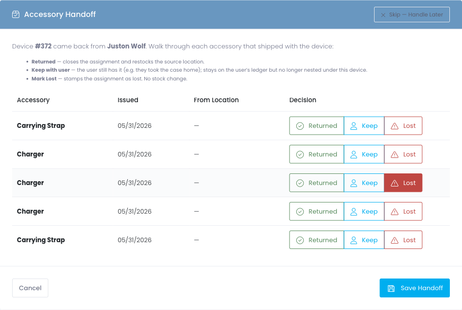 Accessory Handoff page with Returned / Keep / Lost decision buttons per accessory row